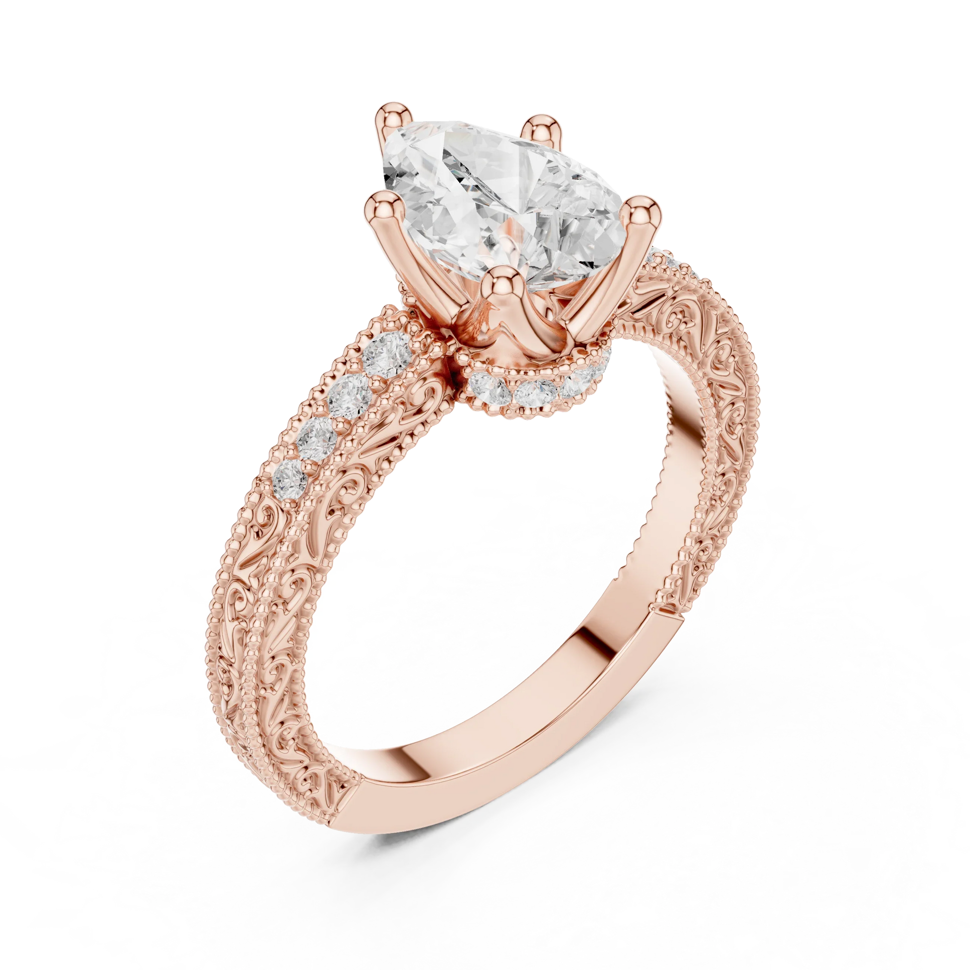 Front view of rose gold pear vintage filigree ring with milgrain, channel set diamond band and lab-grown diamond – Australia