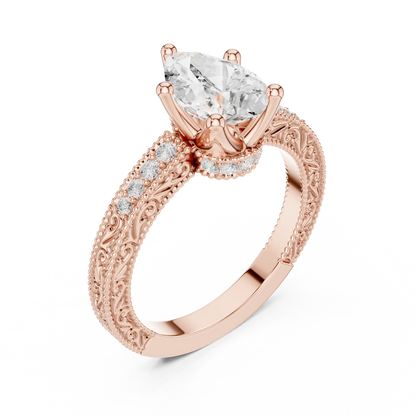 Front view of rose gold pear vintage filigree ring with milgrain, channel set diamond band and lab-grown diamond – Australia