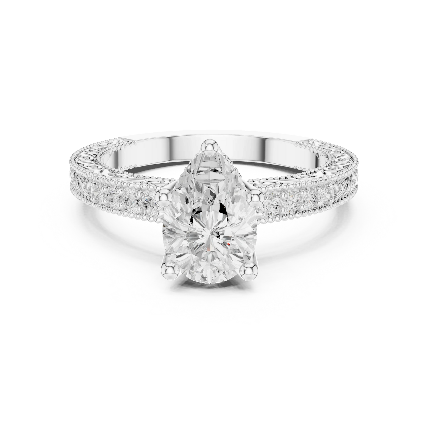 Pear vintage filigree ring in white gold with milgrain, channel set diamond band and lab-grown diamond – Australia