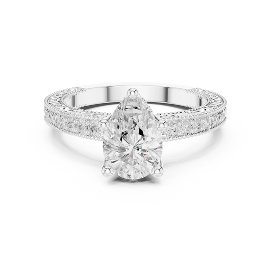 Pear vintage filigree ring in white gold with milgrain, channel set diamond band and lab-grown diamond – Australia