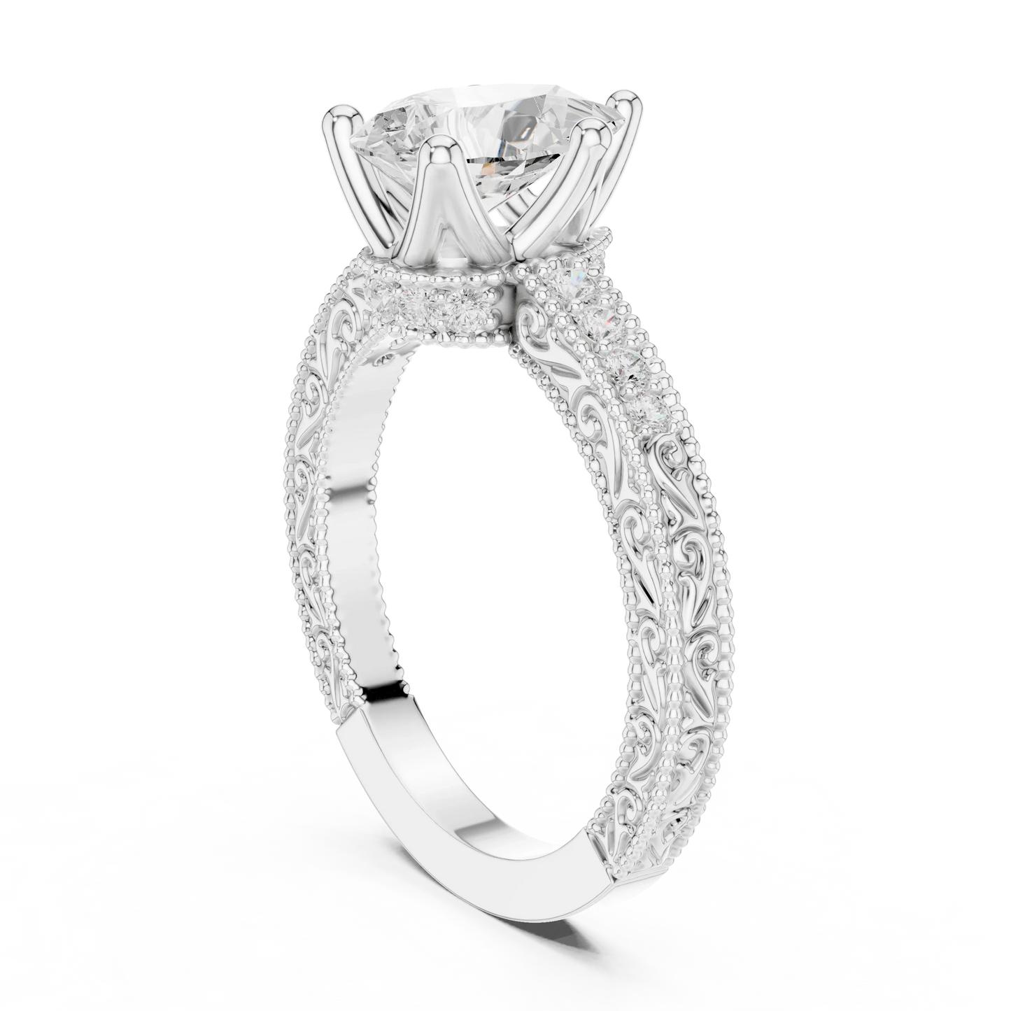 Back view of white gold pear vintage filigree ring with milgrain, channel set diamond band and lab-grown diamond – Australia