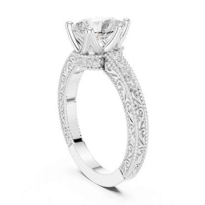 Back view of white gold pear vintage filigree ring with milgrain, channel set diamond band and lab-grown diamond – Australia