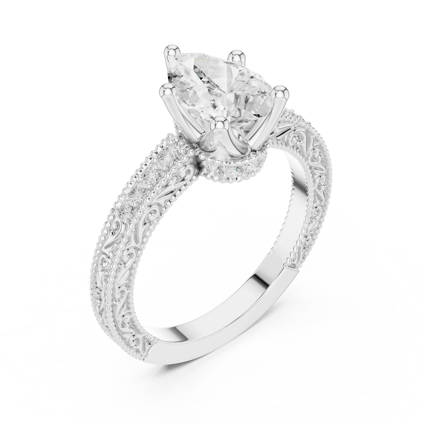Front view of white gold pear vintage filigree ring with milgrain, channel set diamond band and lab-grown diamond – Australia