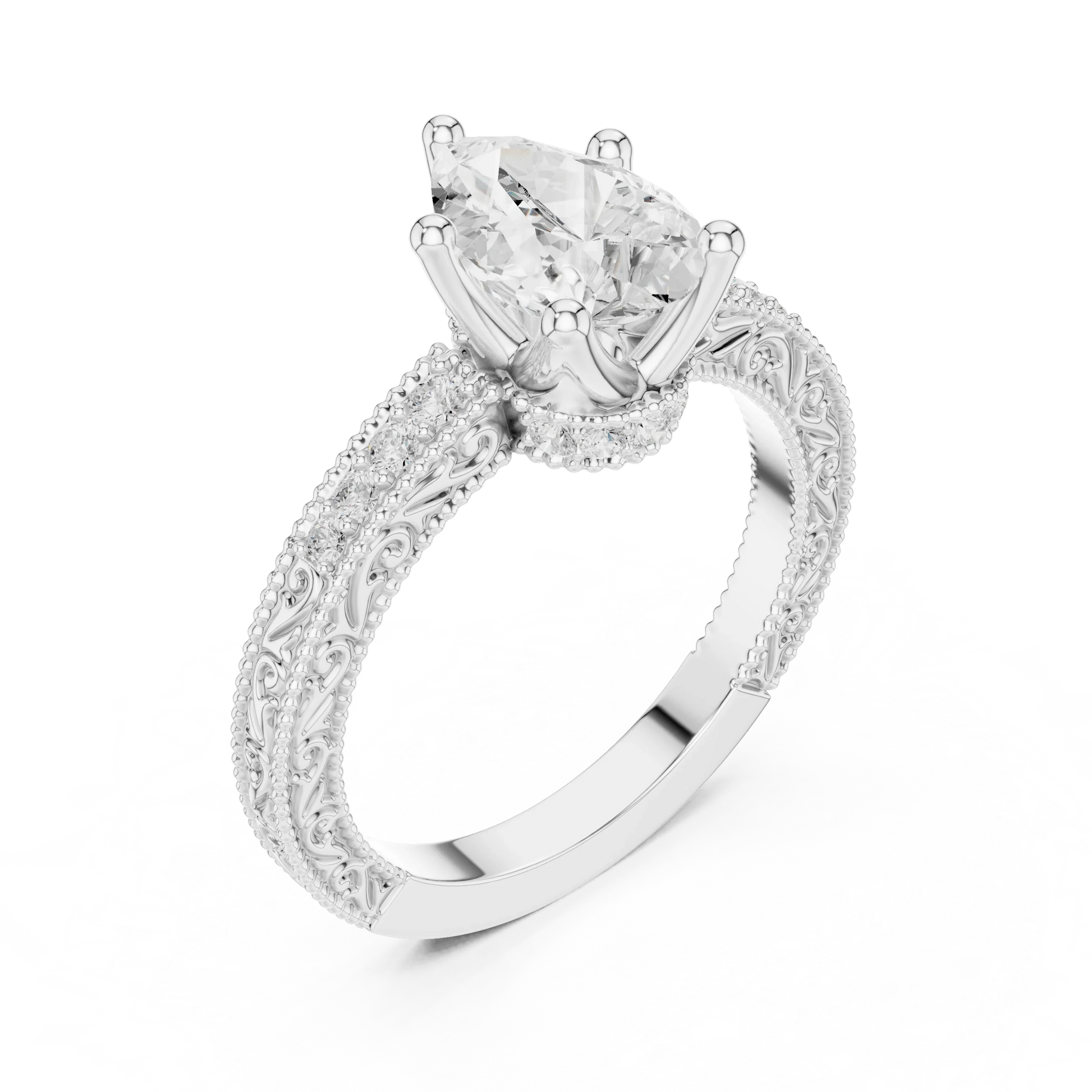 Front view of white gold pear vintage filigree ring with milgrain, channel set diamond band and lab-grown diamond – Australia