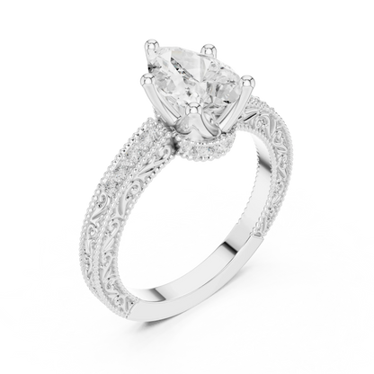Front view of white gold pear vintage filigree ring with milgrain, channel set diamond band and lab-grown diamond – Australia