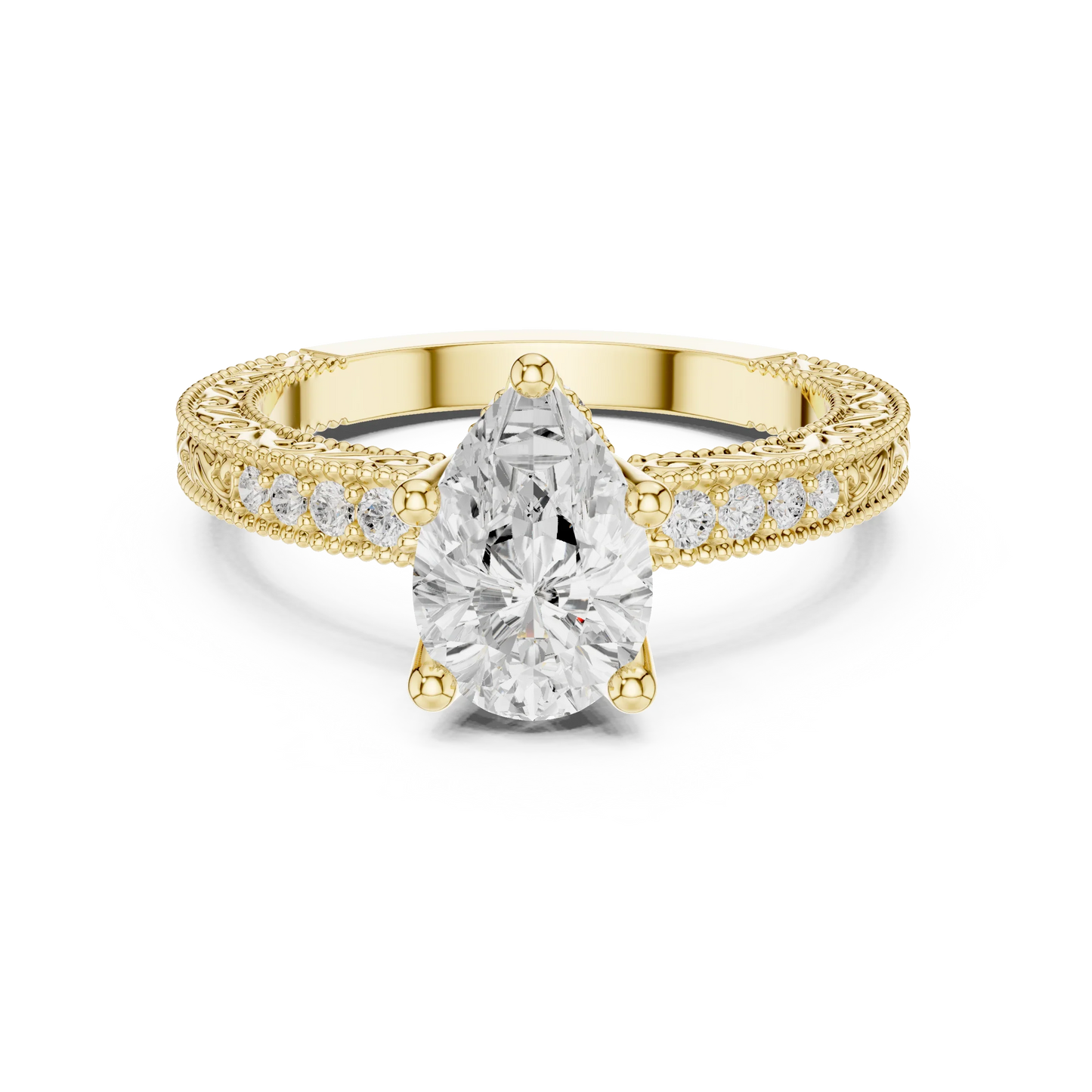 Pear vintage filigree ring in yellow gold with milgrain, channel set diamond band and lab-grown diamond – Australia