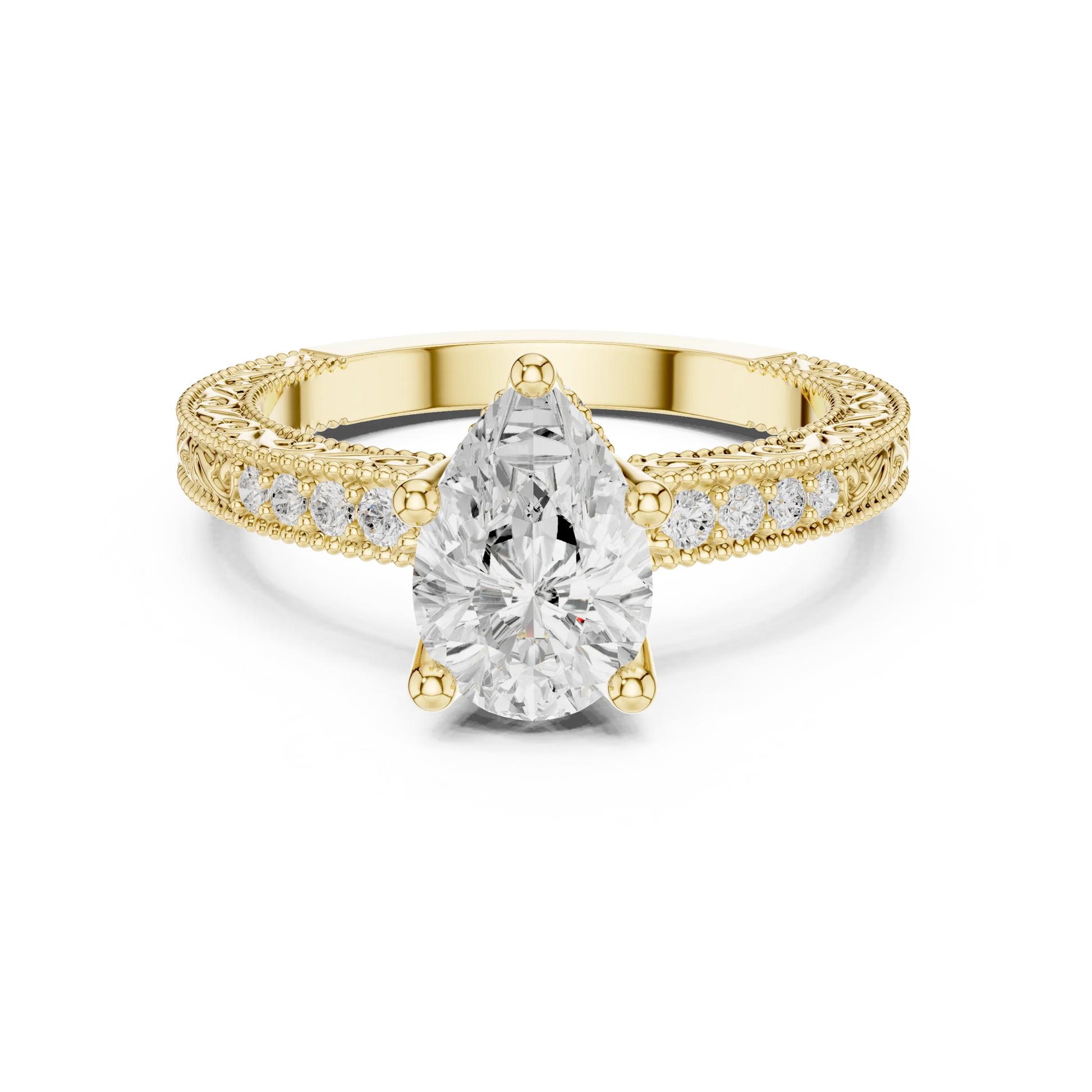 Pear vintage filigree ring in yellow gold with milgrain, channel set diamond band and lab-grown diamond – Australia