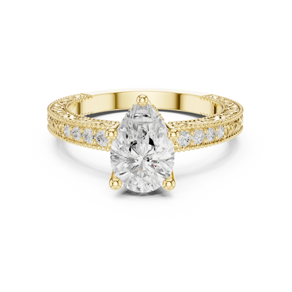 Pear vintage filigree ring in yellow gold with milgrain, channel set diamond band and lab-grown diamond – Australia