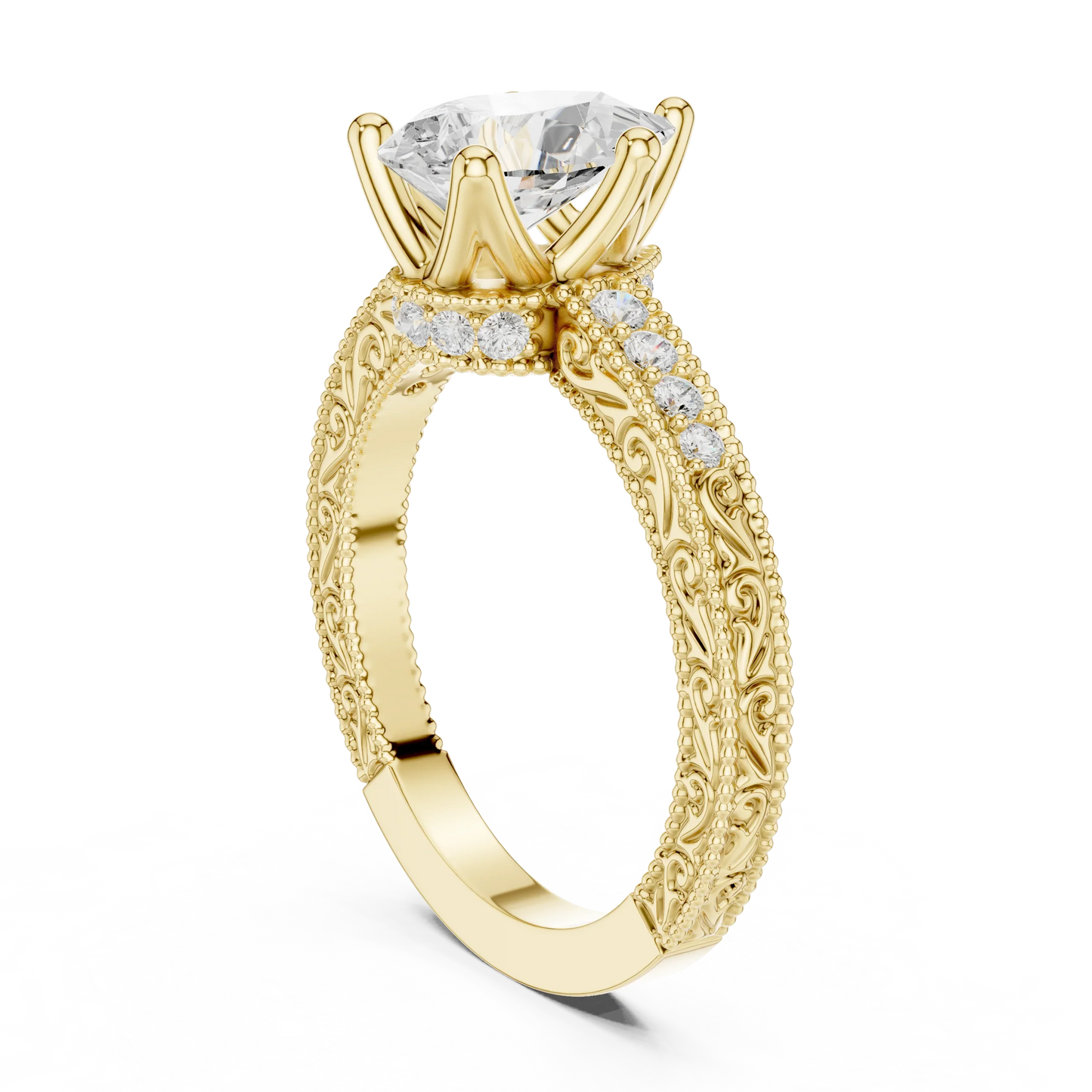 Back view of yellow gold pear vintage filigree ring with milgrain, channel set diamond band and lab-grown diamond – Australia