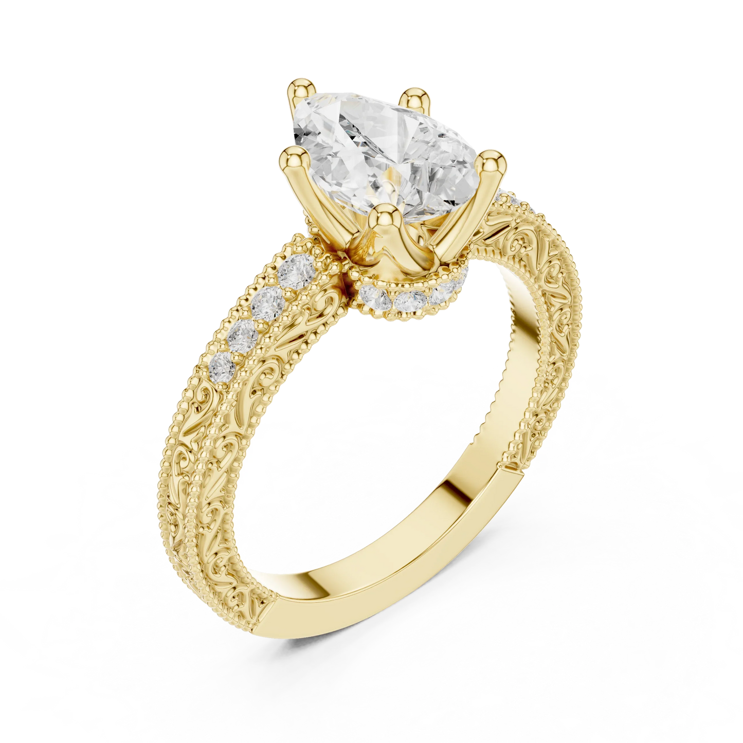 Front view of yellow gold pear vintage filigree ring with milgrain, channel set diamond band and lab-grown diamond – Australia