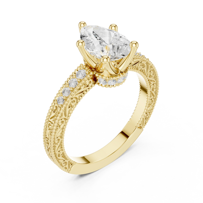 Front view of yellow gold pear vintage filigree ring with milgrain, channel set diamond band and lab-grown diamond – Australia