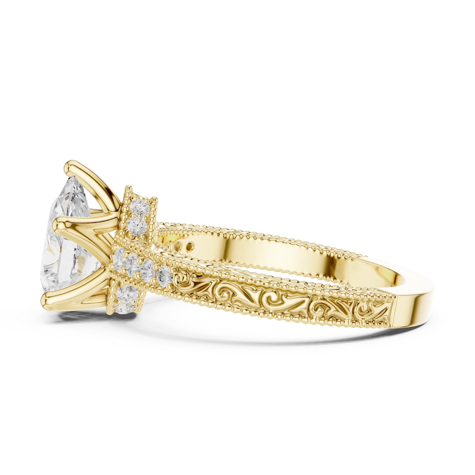 Side view of yellow gold pear vintage filigree ring with milgrain, channel set diamond band and lab-grown diamond – Australia
