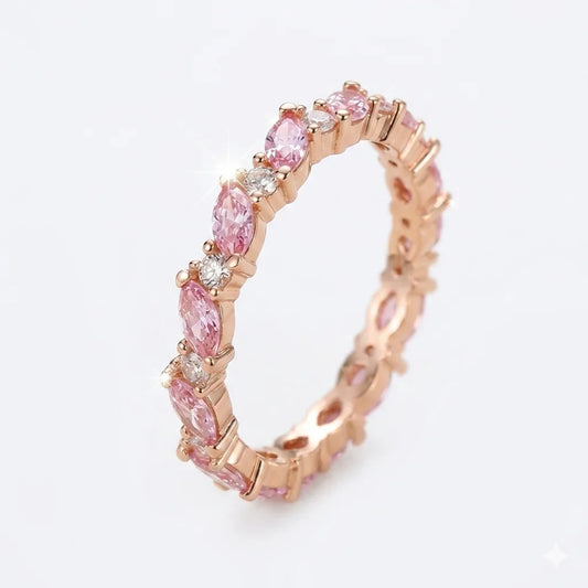 Front side view of pink marquise and round alternating diamond eternity band in rose gold with lab-grown diamonds – Australia
