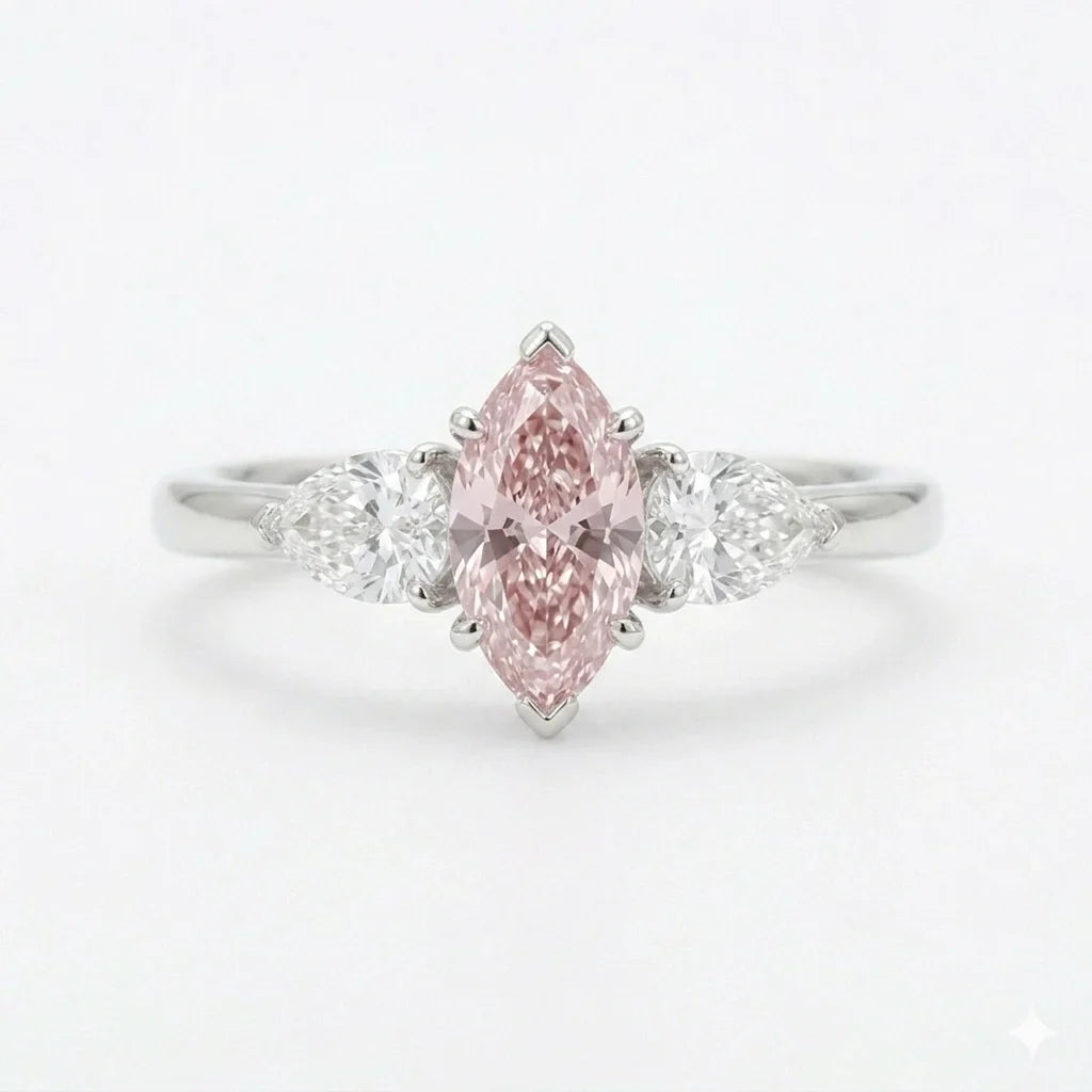 Pink marquise cut three stone diamond ring with pear side stones in white gold with lab-grown diamonds – Australia