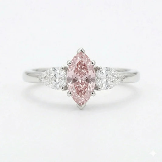 Pink marquise cut three stone diamond ring with pear side stones in white gold with lab-grown diamonds – Australia