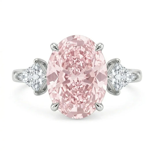 Pink oval diamond three stone ring with trillion side stones in white gold with lab-grown diamonds – Australia