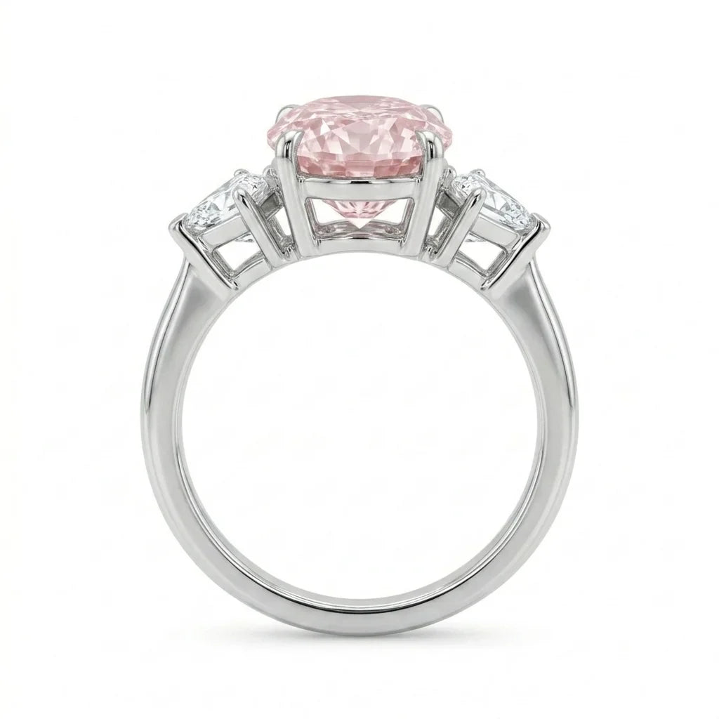 Side view of white gold pink oval diamond three stone ring with trillion side stones and lab-grown diamonds – Australia