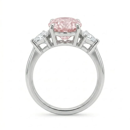 Side view of white gold pink oval diamond three stone ring with trillion side stones and lab-grown diamonds – Australia