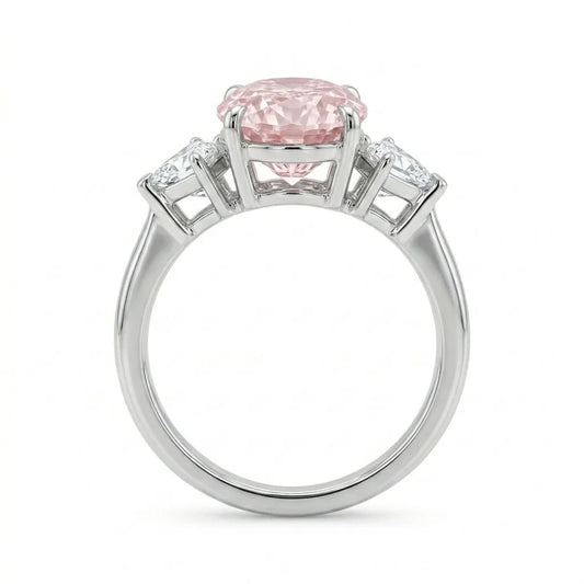 Side view of white gold pink oval diamond three stone ring with trillion side stones and lab-grown diamonds – Australia