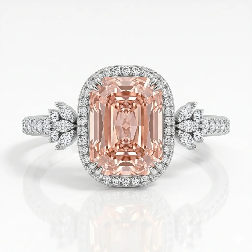Pink radiant diamond halo ring with marquise floral side stones in white gold with lab-grown diamonds – Australia