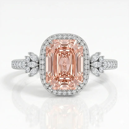 Pink radiant diamond halo ring with marquise floral side stones in white gold with lab-grown diamonds – Australia