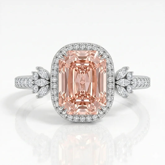 Pink radiant diamond halo ring with marquise floral side stones in white gold with lab-grown diamonds – Australia