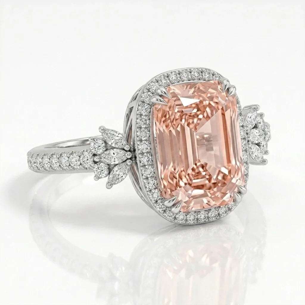 Side view of pink radiant diamond halo ring with marquise floral side stones in white gold with lab-grown diamonds – Australia