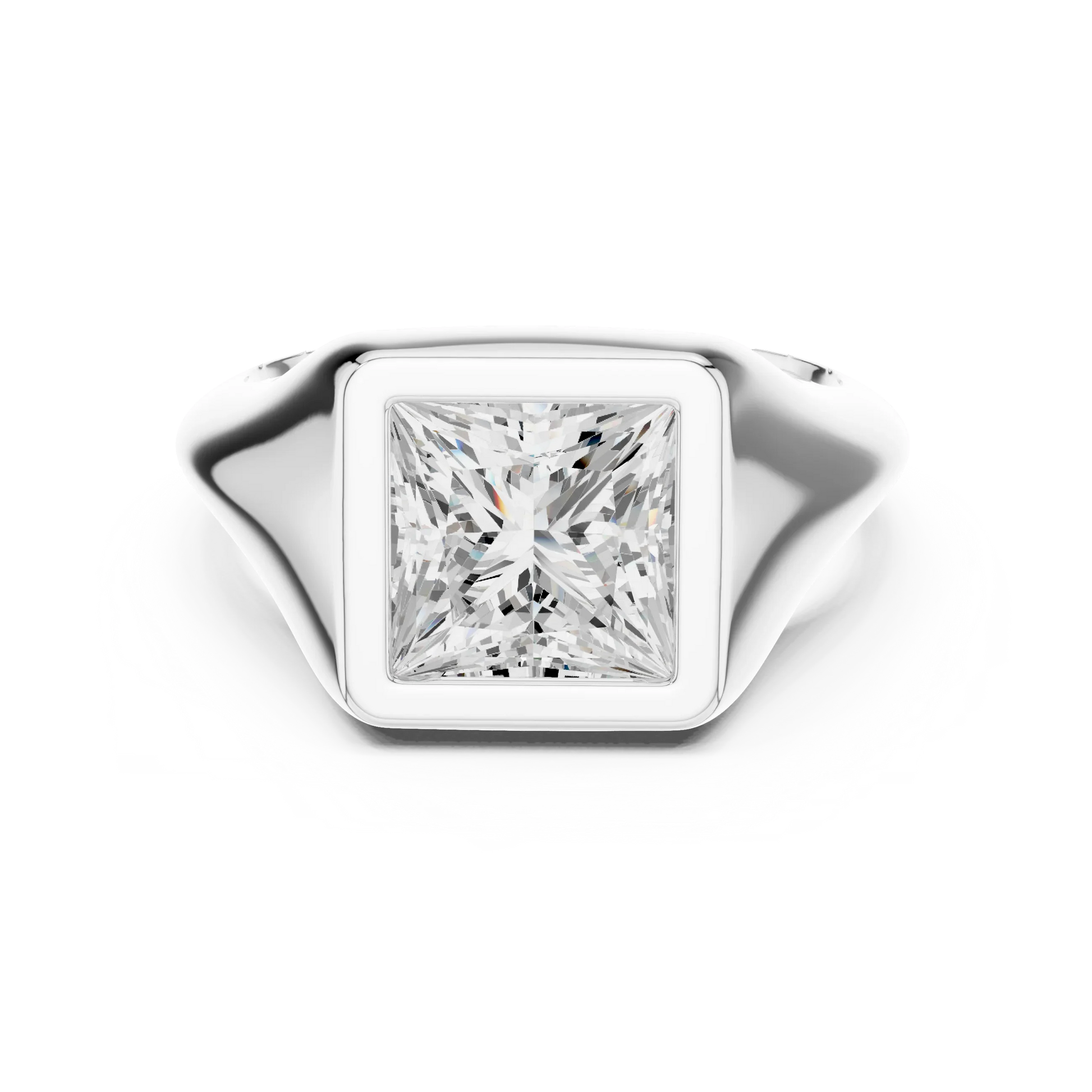 Lab-grown princess cut bezel set signet style ring in white gold, sleek top view
