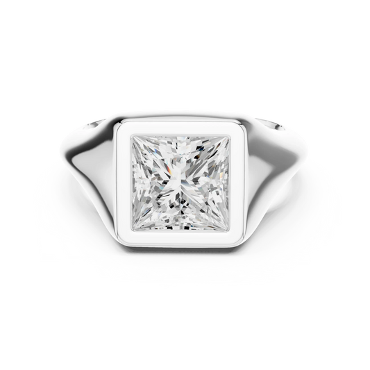 Lab-grown princess cut bezel set signet style ring in white gold, sleek top view