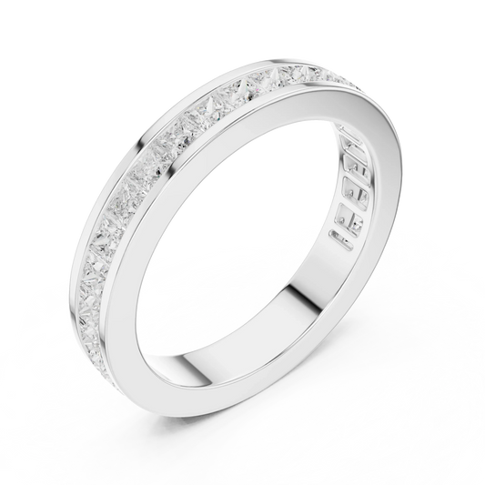 Front view of white gold full eternity band featuring princess cut lab-grown diamonds