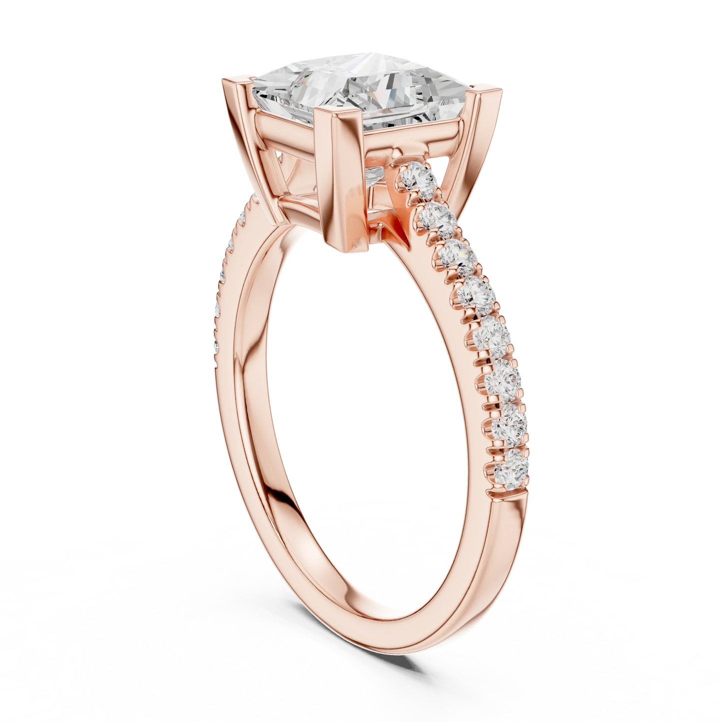 Back side view of rose gold princess diamond pavé band ring showing band and setting details