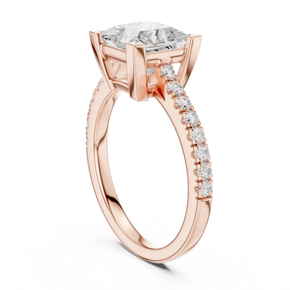 Back side view of rose gold princess diamond pavé band ring showing band and setting details