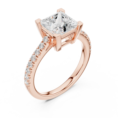 Front view of rose gold princess diamond pavé band ring