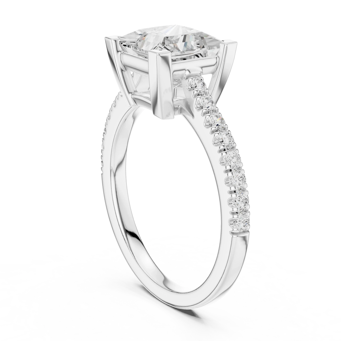 Back side view of white gold princess diamond pavé band ring showing band and setting details