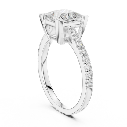 Back side view of white gold princess diamond pavé band ring showing band and setting details