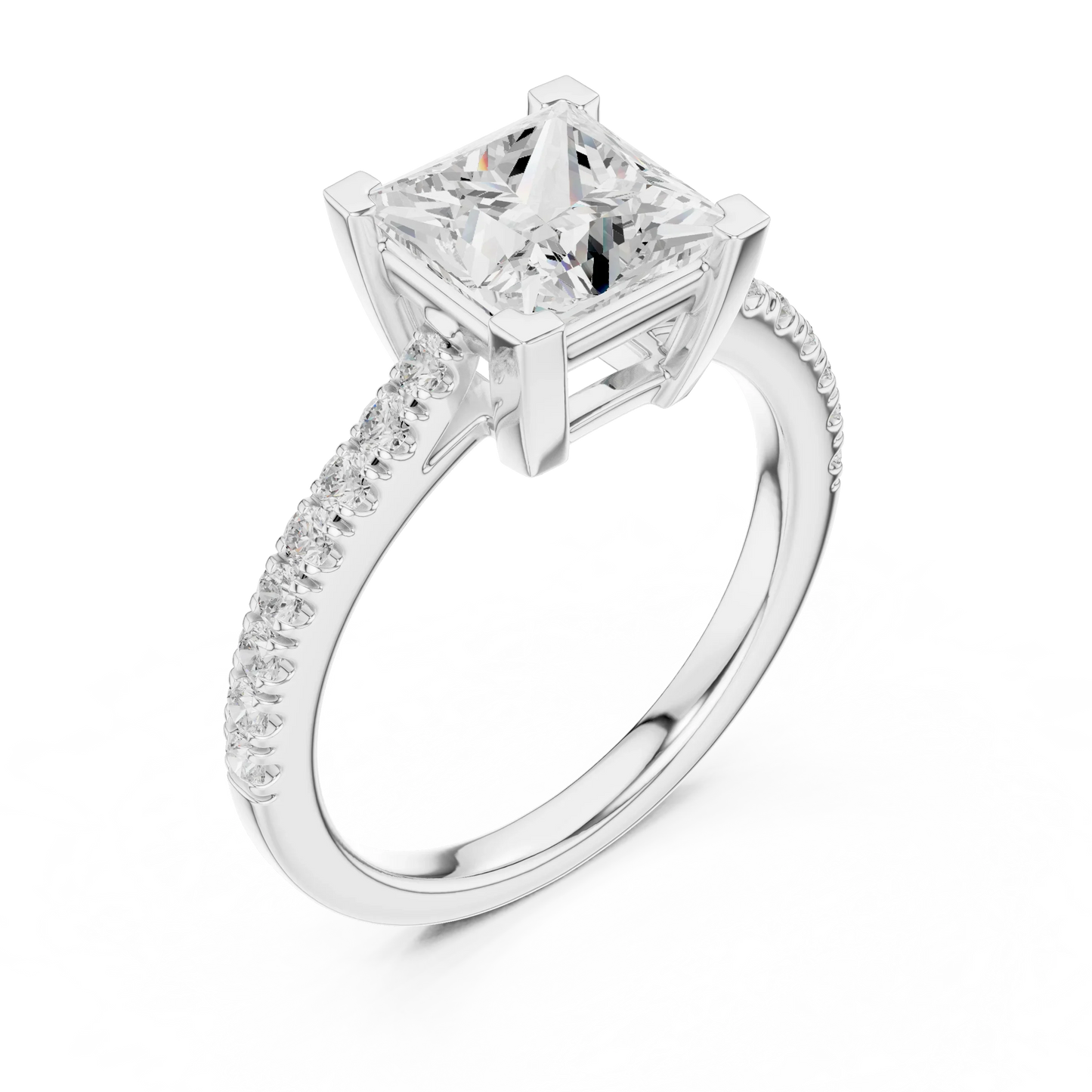 Front view of white gold princess diamond pavé band ring