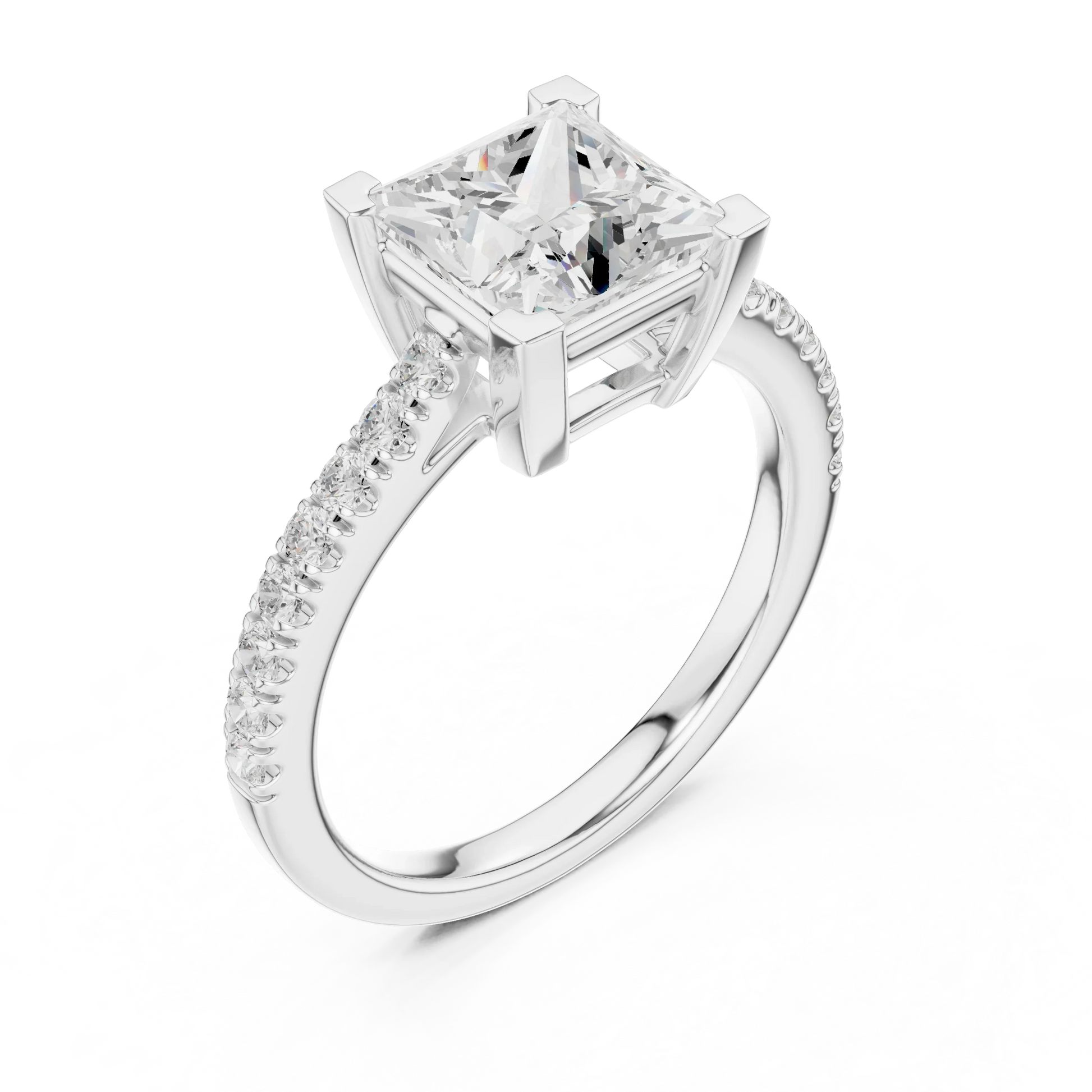 Front view of white gold princess diamond pavé band ring