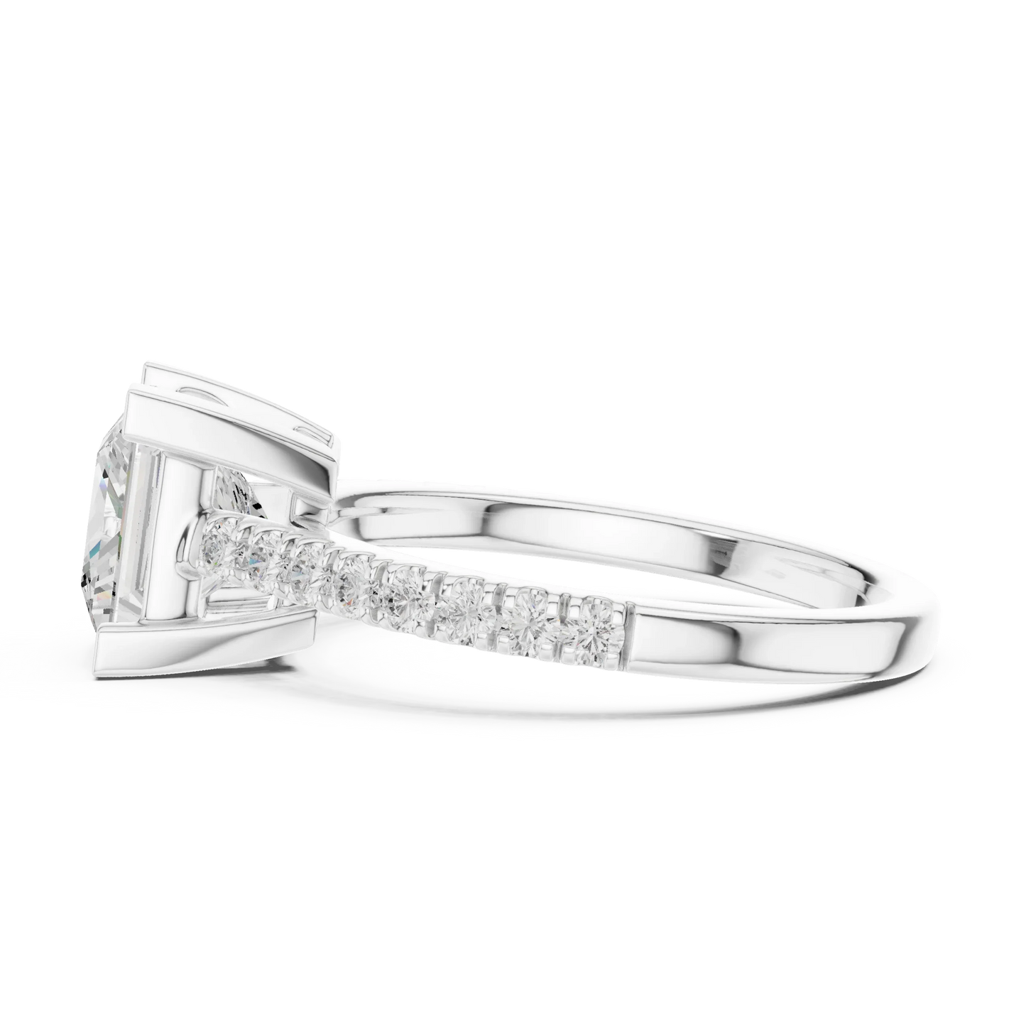 Side view of white gold princess diamond pavé band ring with detailed band setting