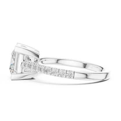 Side view of white gold princess diamond pavé band ring with detailed band setting