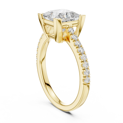 Back side view of yellow gold princess diamond pavé band ring showing band structure