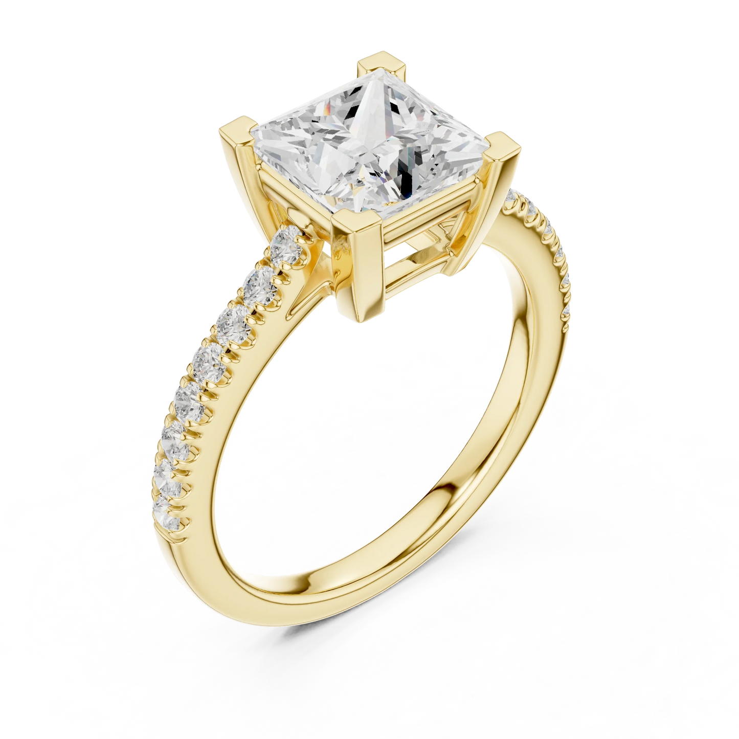 Front view of yellow gold princess diamond pavé band ring