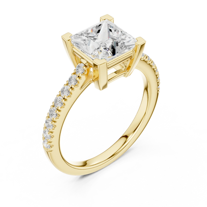 Front view of yellow gold princess diamond pavé band ring