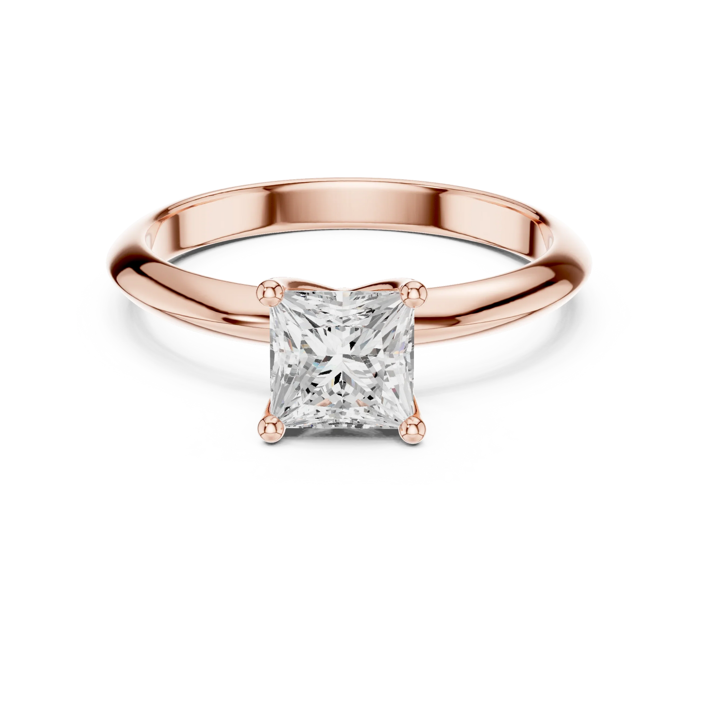 Lab-grown princess cut diamond solitaire ring in rose gold, soft tone top view