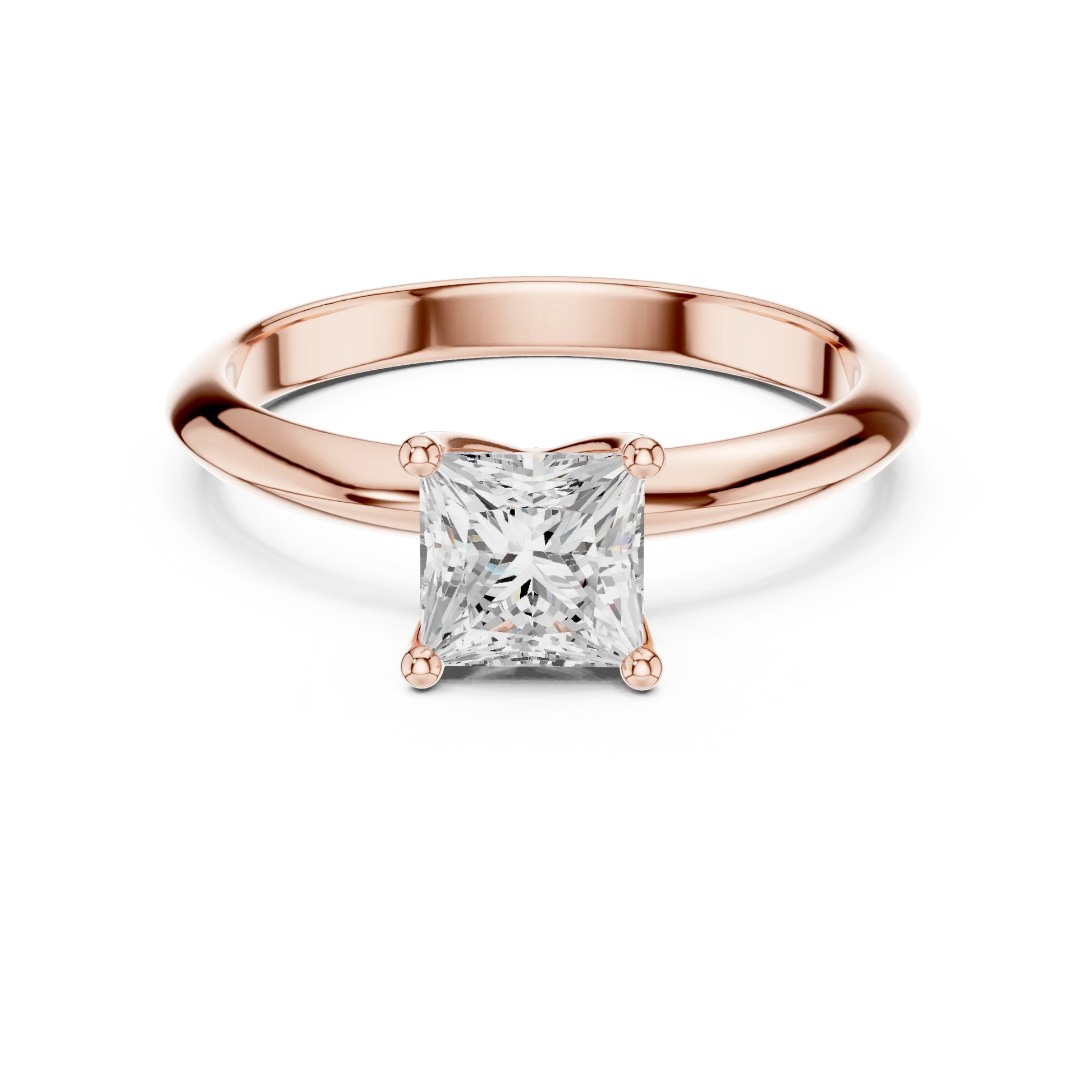 Lab-grown princess cut diamond solitaire ring in rose gold, soft tone top view