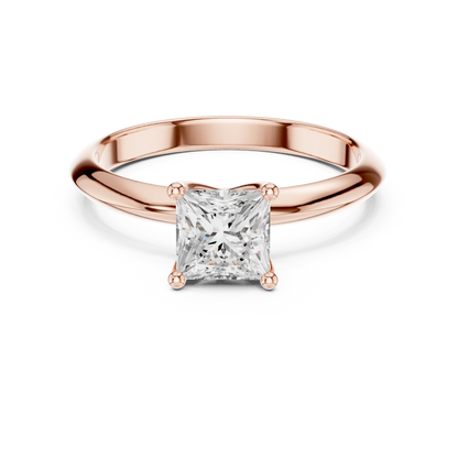 Lab-grown princess cut diamond solitaire ring in rose gold, soft tone top view