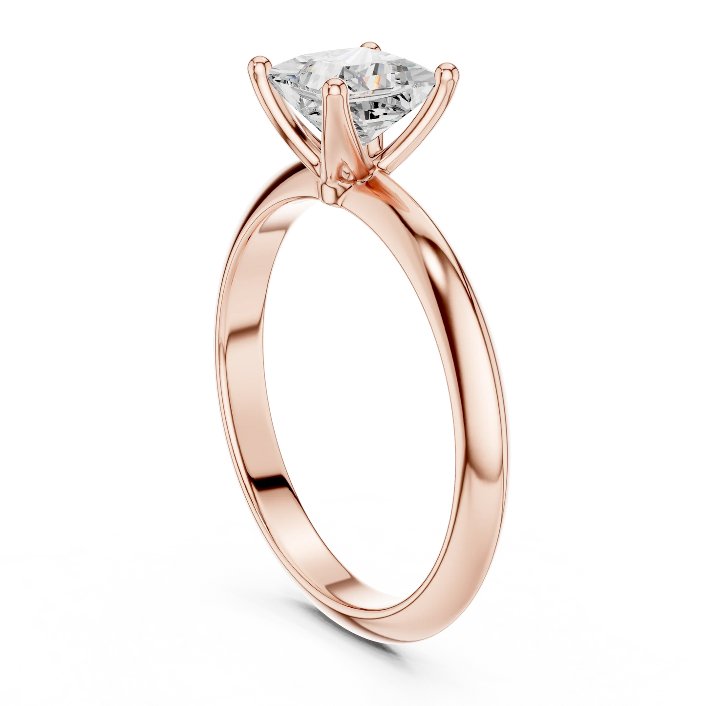 Back side view of rose gold princess diamond solitaire ring, detailing band and setting