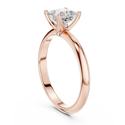 Back side view of rose gold princess diamond solitaire ring, detailing band and setting