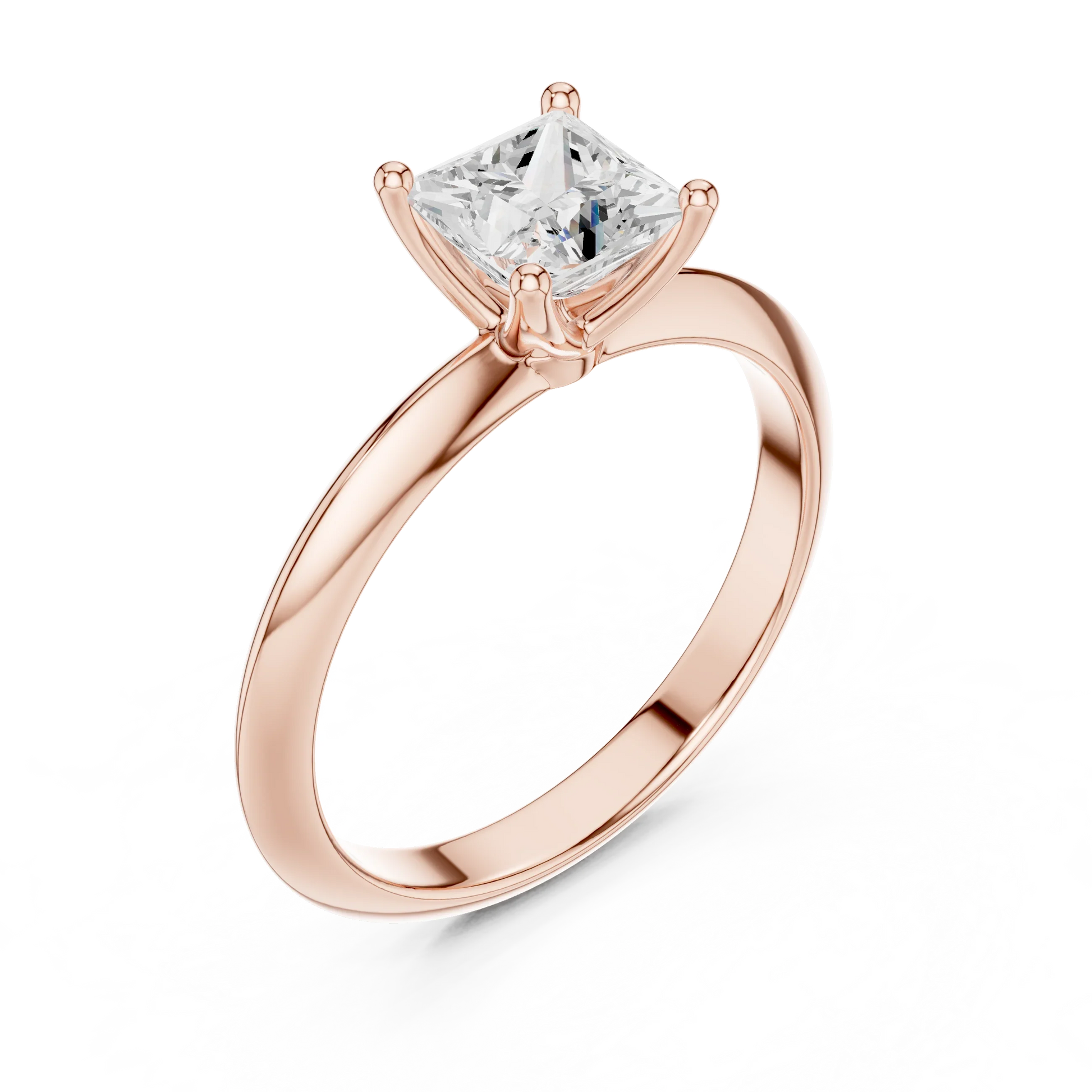 Front view of rose gold princess diamond solitaire ring, showcasing gemstone brilliance