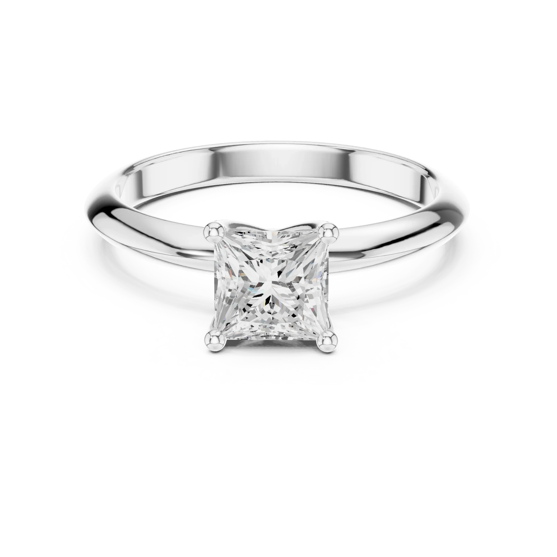 Lab-grown princess cut diamond solitaire ring in white gold, elegant top view.
