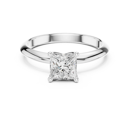 Lab-grown princess cut diamond solitaire ring in white gold, elegant top view.